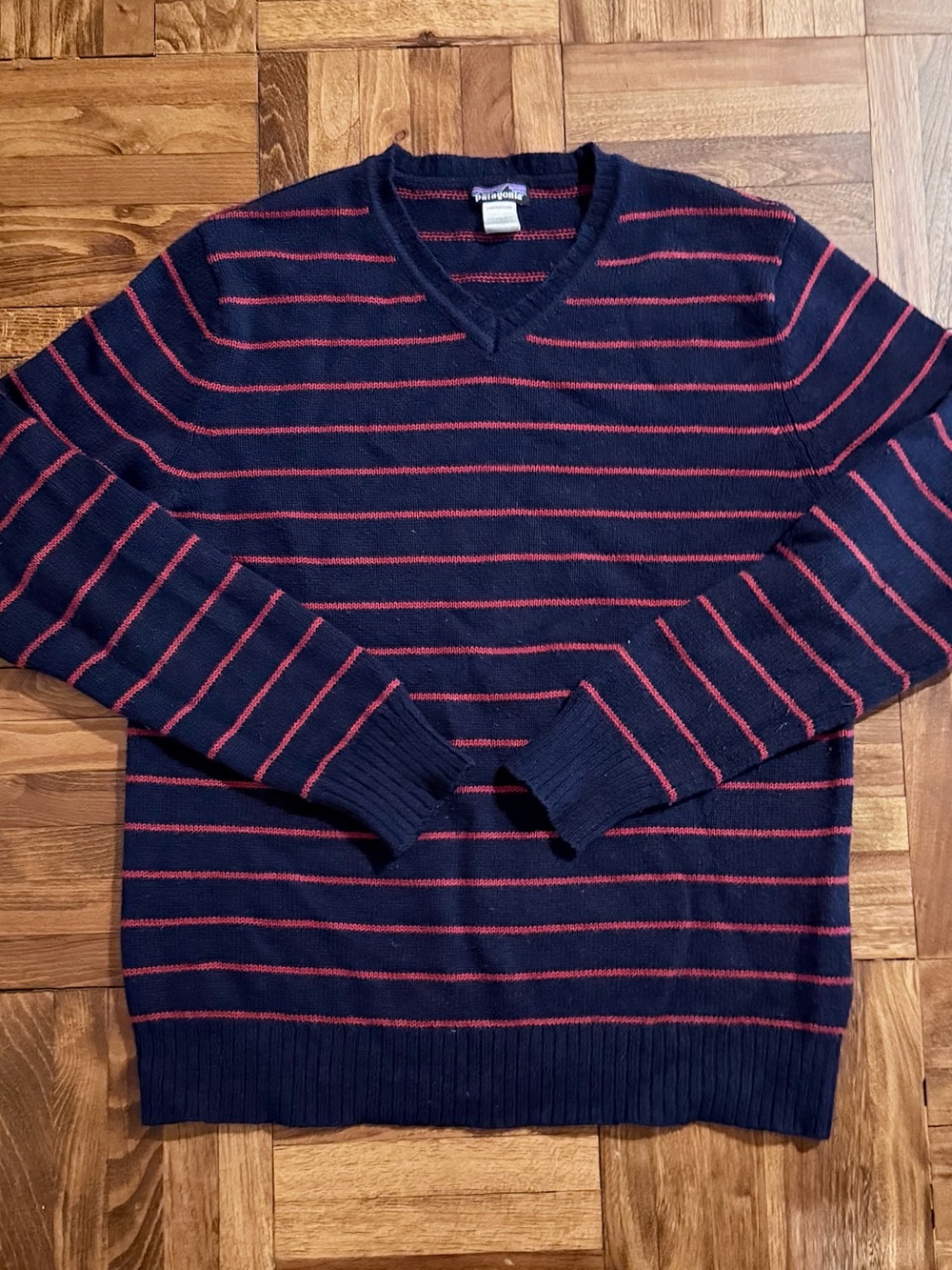 Patagonia Navy V-Neck Sweater with Red Stripes - 100% Merino Wool
